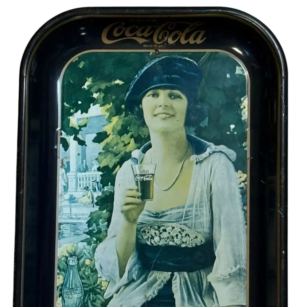 Vintage Coca-Cola 1973 Party Flapper Girl Blue Hat Metal Rectangle Serving Tray